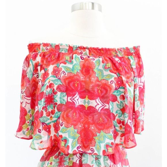 Show Me Your Mumu Casita Off the Shoulder Floral Mini Dress Size XS Red Green - Picture 3 of 8